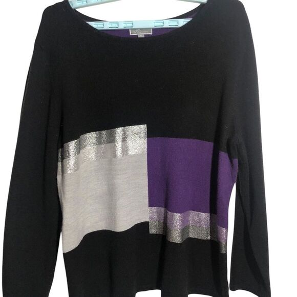 JM collections size xl purple and black color block sweater with silver accents. - Picture 1 of 7